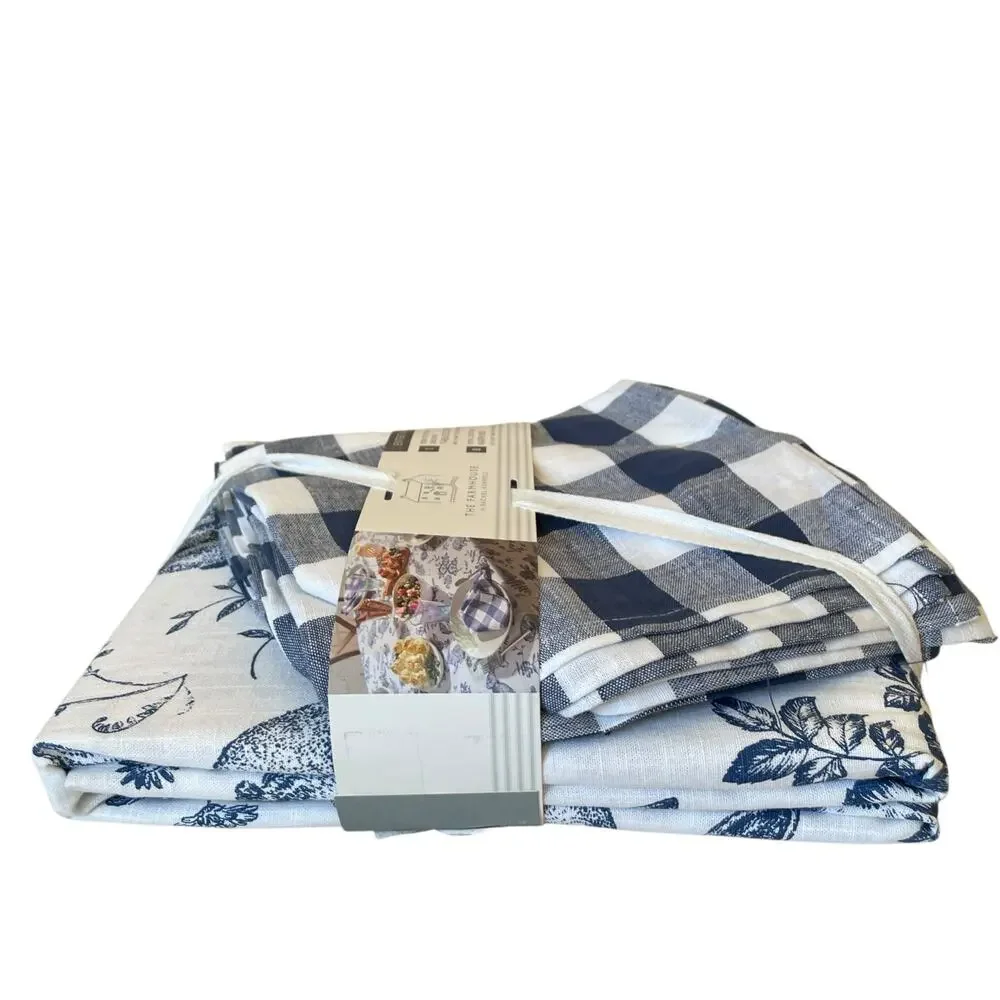 7pc Farmhouse Easter Bunny Tablecloth 60x84 Gingham Napkin Set Blue White NEW